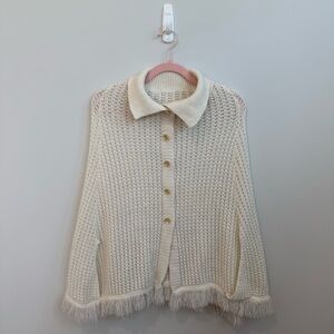 Vintage Cream Knit Shawl Cape Fringe Poncho Button Front One Size